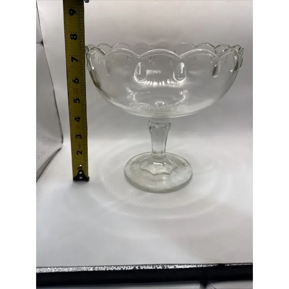 Vintage Clear Pressed Glass Pedestal Compote Bowl Scalloped Rim 7.5” *